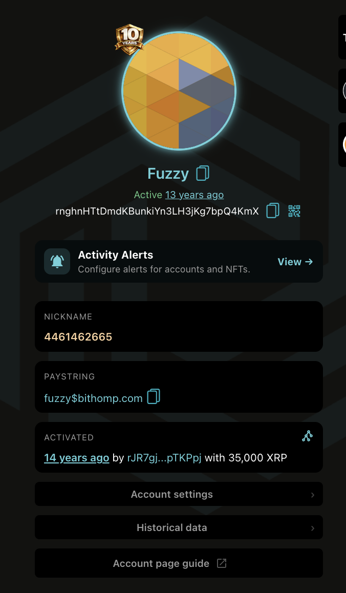 Bithomp profile screenshot of the FUZZY wallet