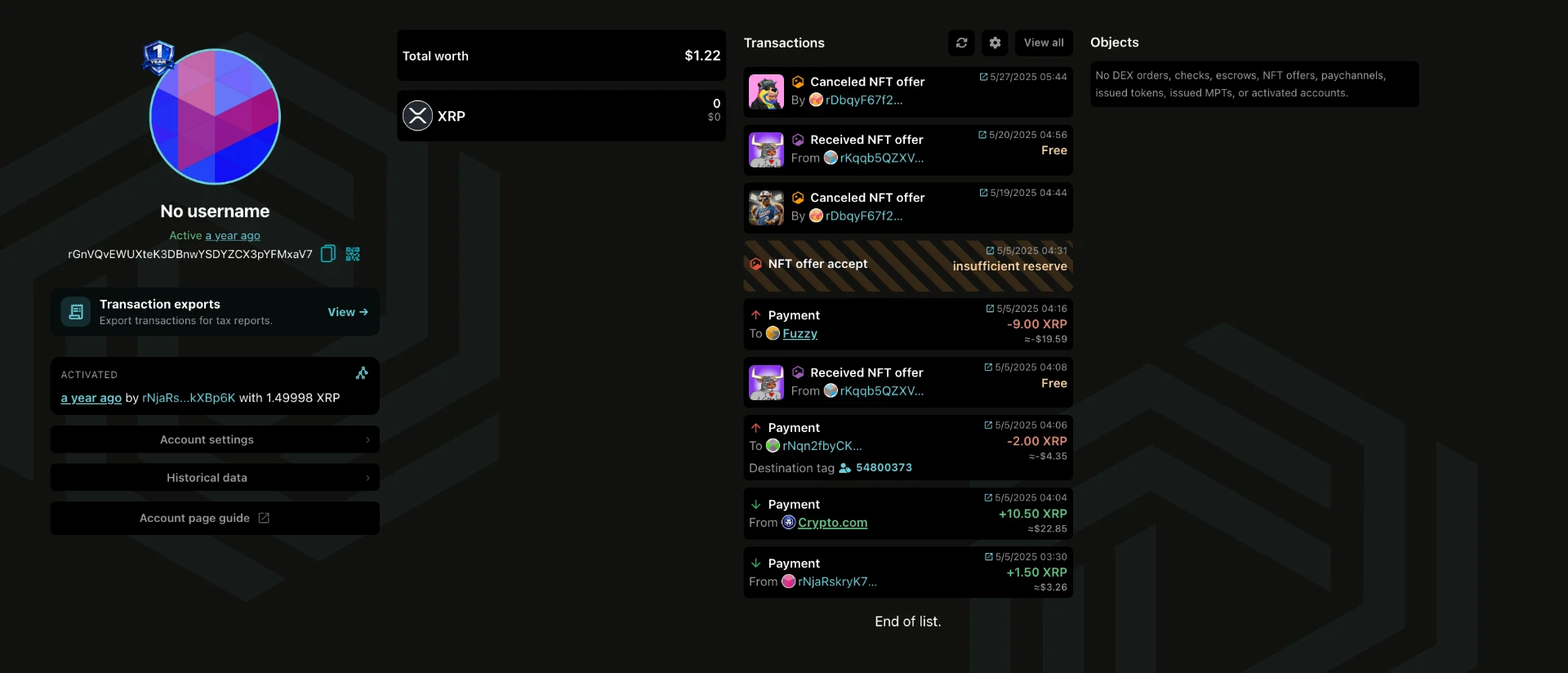 Bithomp screenshot showing recent payments and NFT offer activity